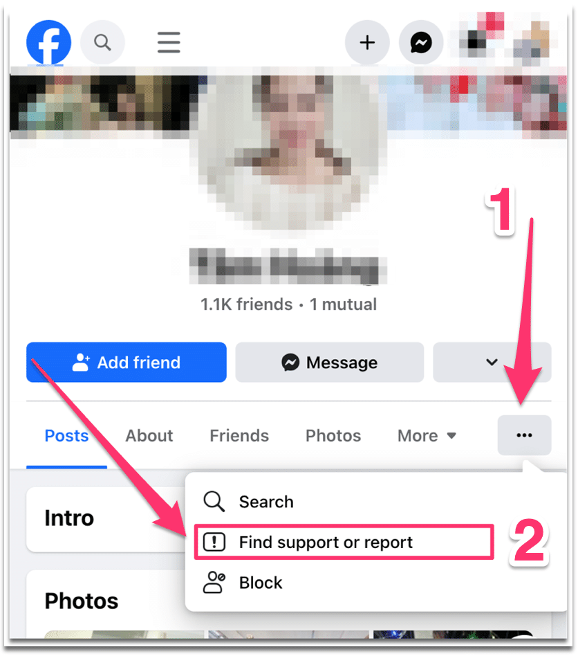 "Find support or report" menu on Facebook