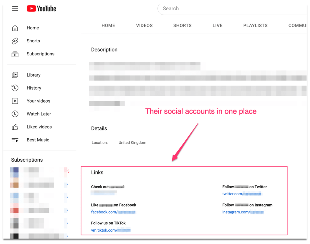 Links to their social media on YouTube
